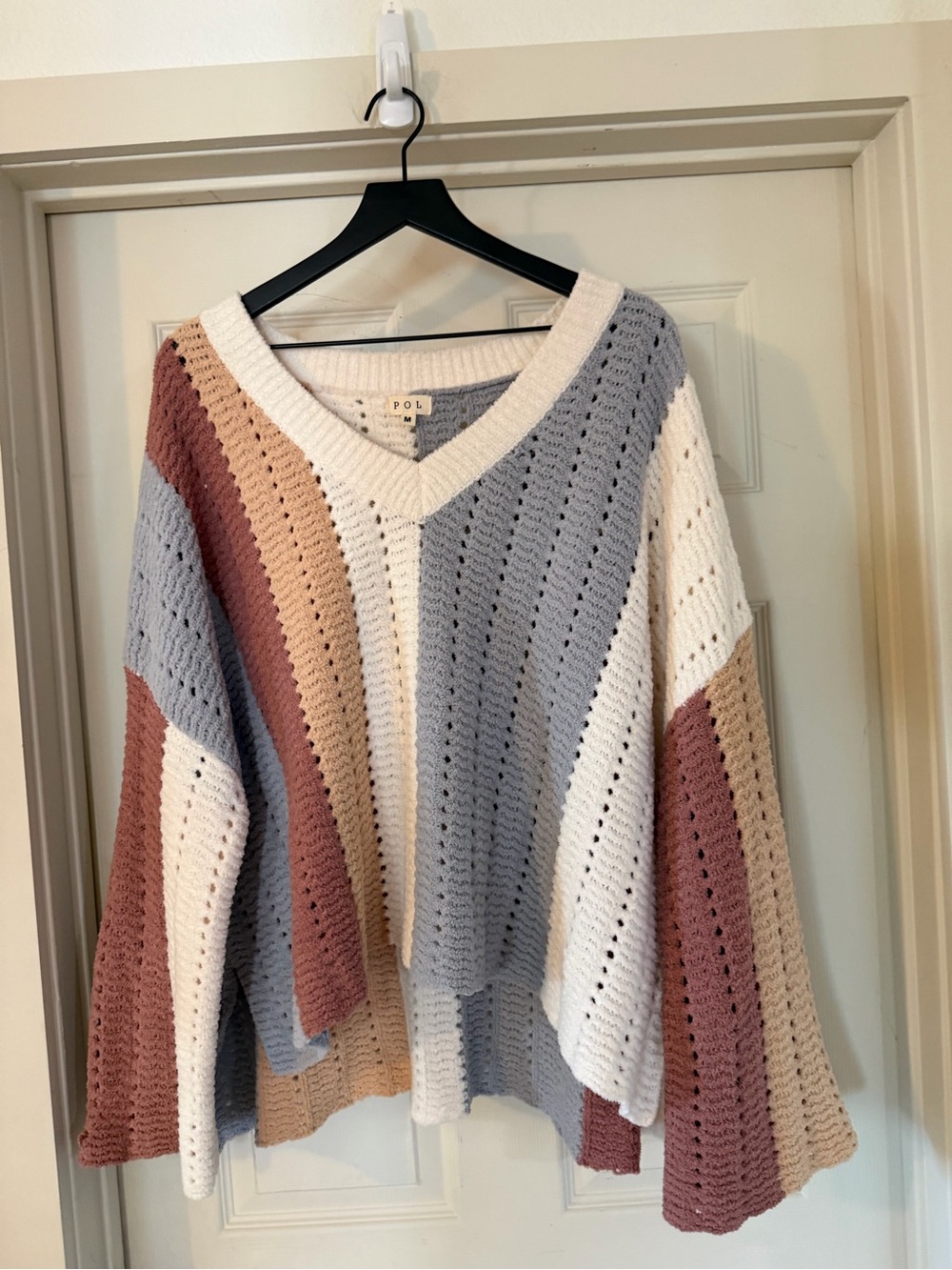 POL V-Neck Striped Crochet Oversized Sweater in Dusty Rose, Cream & Light Blue - Picture 2 of 8